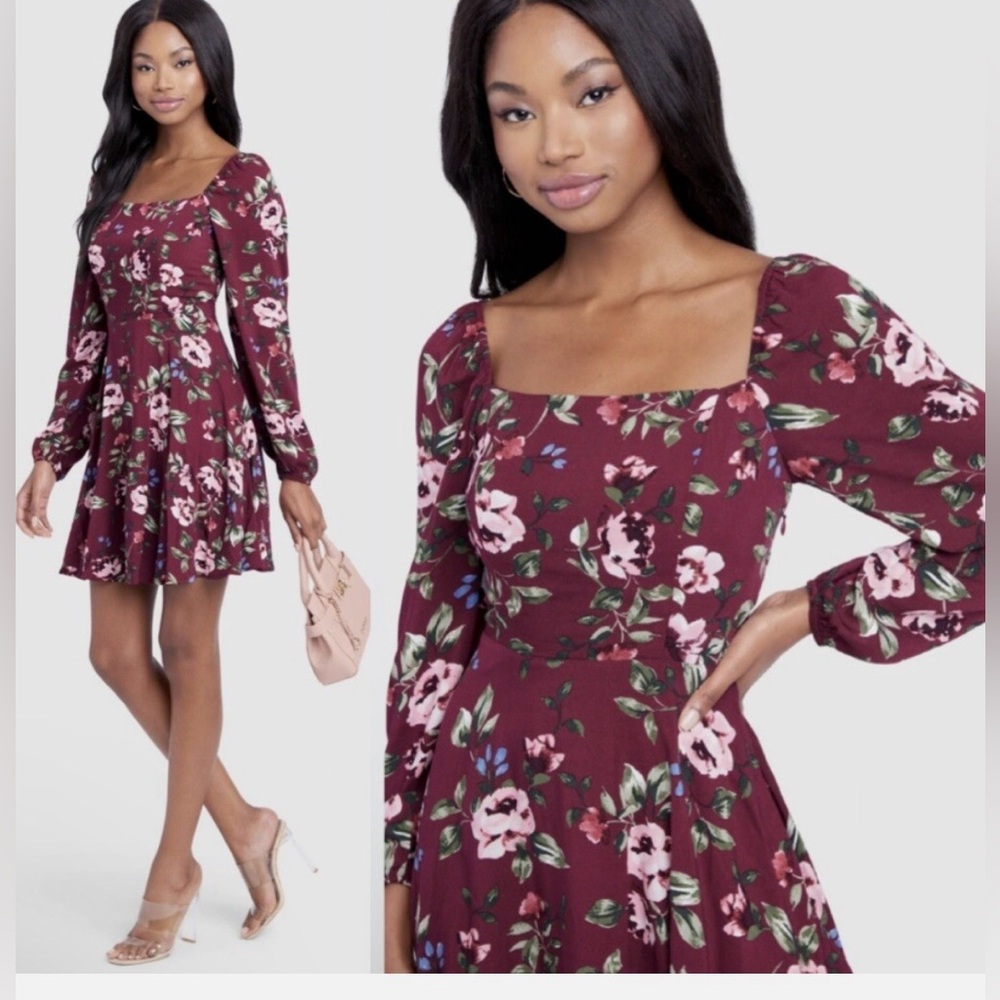 bebe Wine Floral Square-Neck Mini Dress
